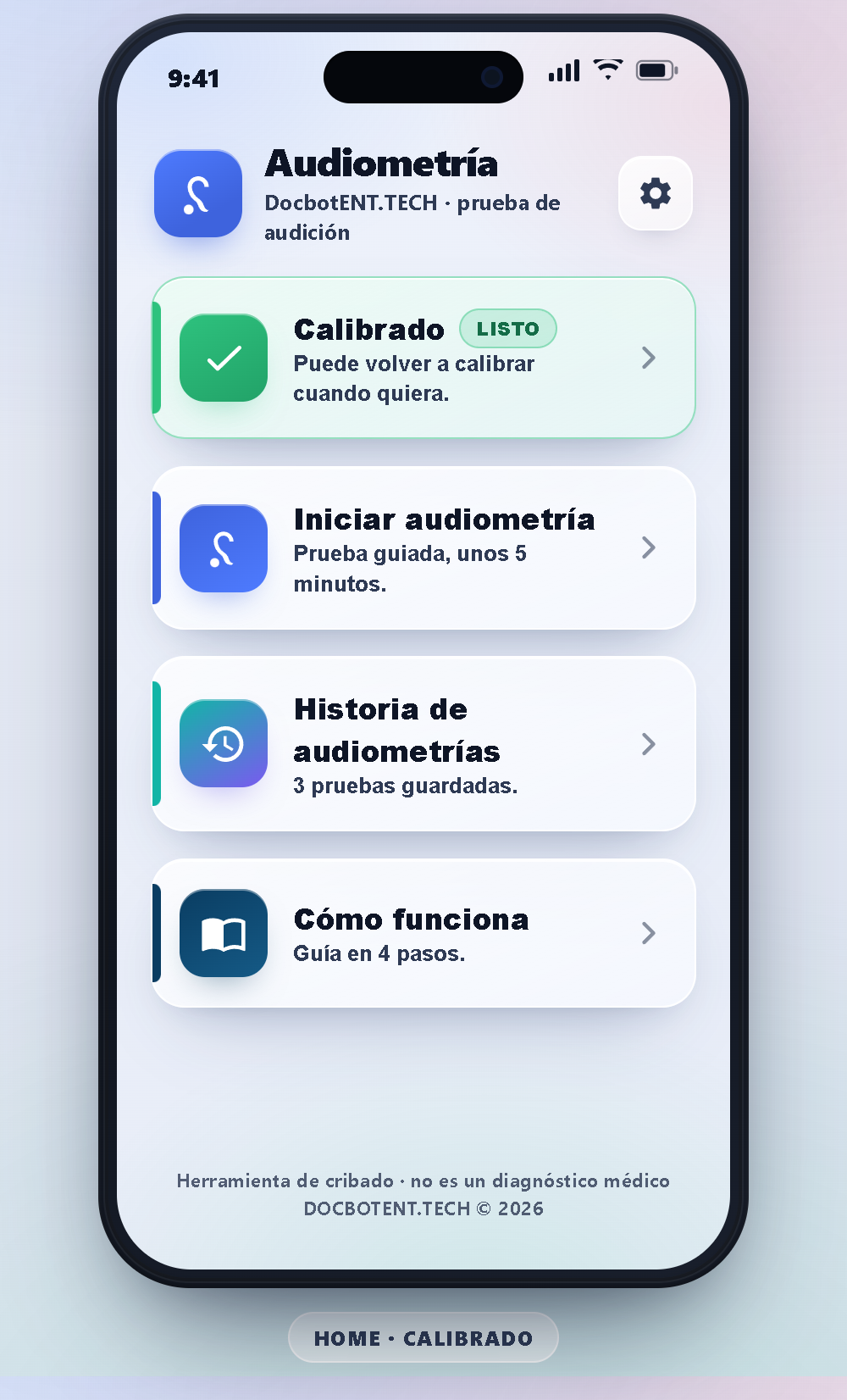 Pantalla de inicio de la app de audiometría